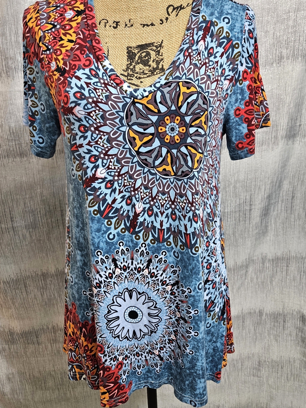Blue Mandala V-Neck Tunic with Multicolor Accents